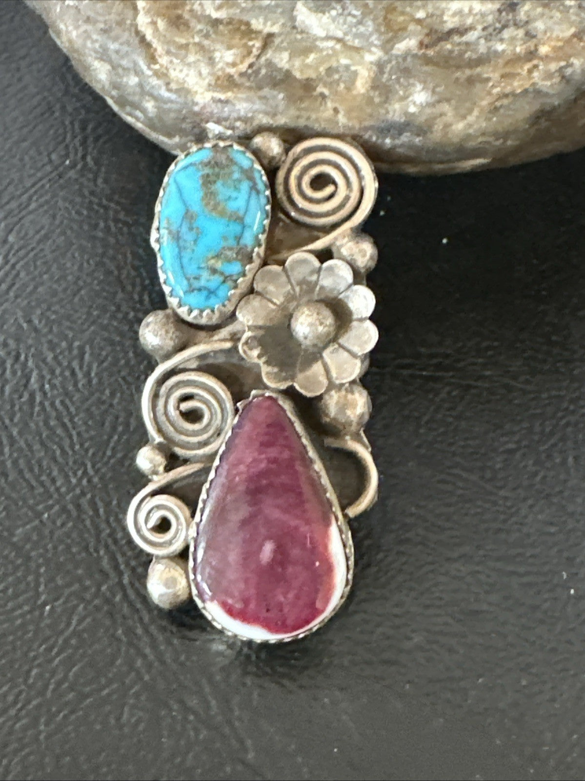 Cluster Kingman Turquoise Purple Spiny Navajo Sterling Silver Ring Sz 5.5 19105