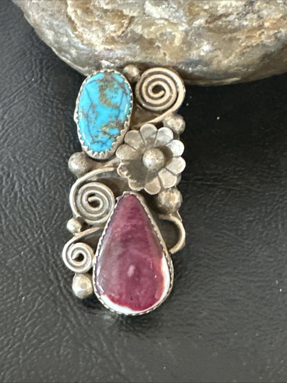 Cluster Kingman Turquoise Purple Spiny Navajo Sterling Silver Ring Sz 5.5 19105