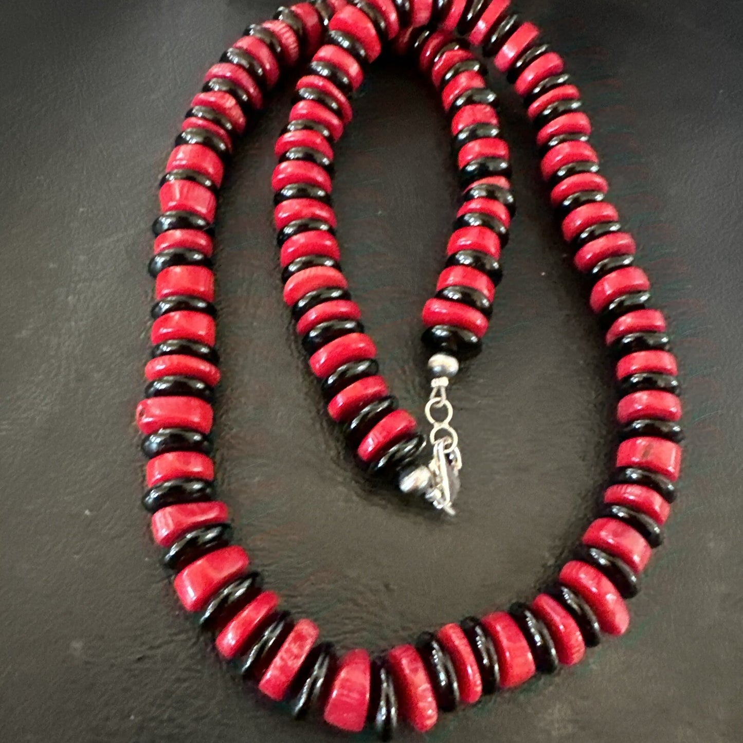 Mens Womens Red Coral Black Onyx  Navajo Sterling Silver Necklace 10mm 17869