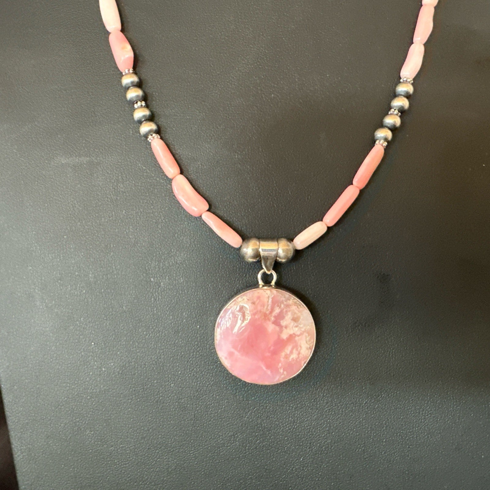 Southwestern Sterling Silver Pink Coral Bead Necklace Quartz Pendant 24" 19588