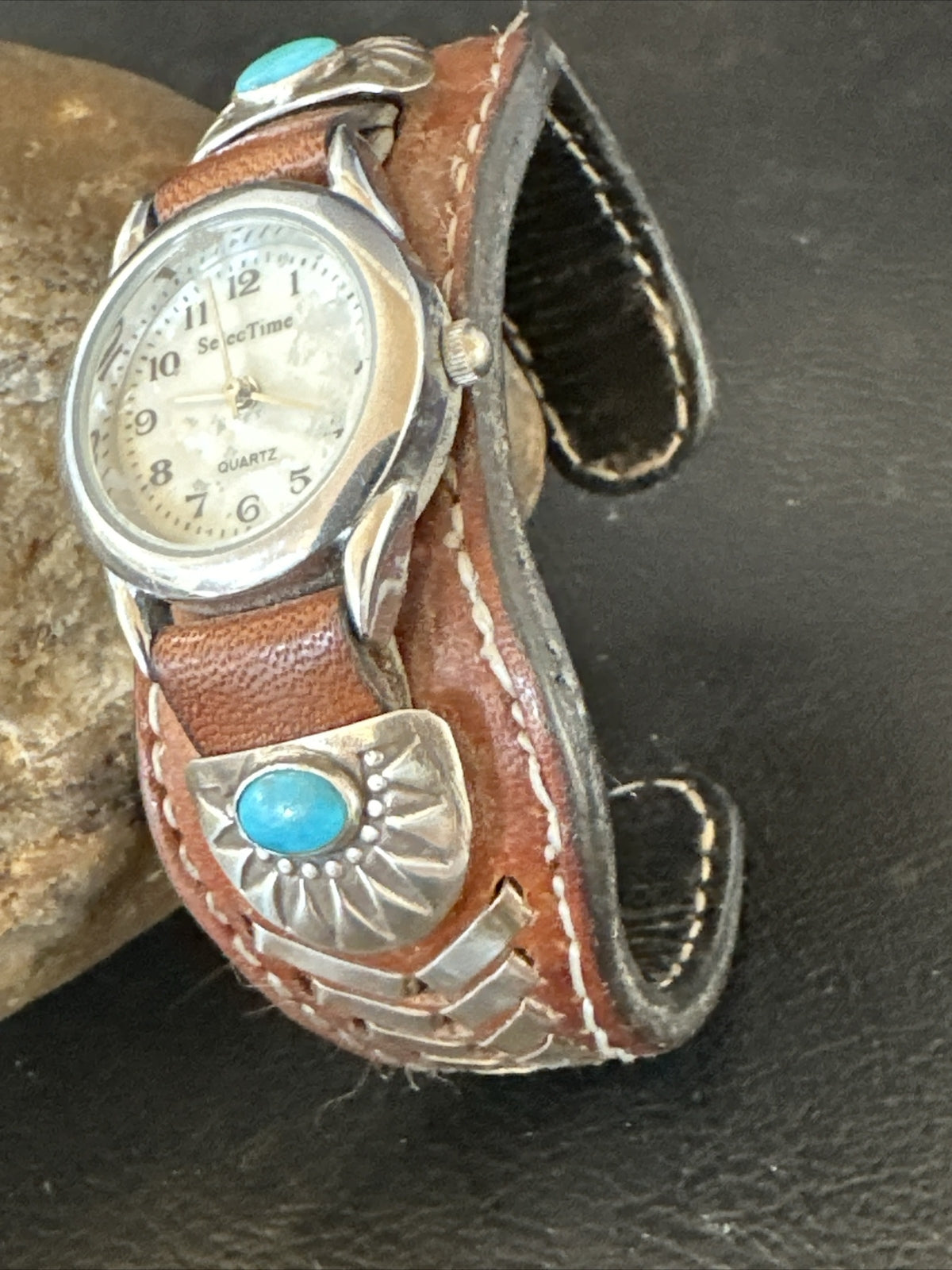 Womens Blue Turquoise Navajo Sterling Silver Cuff Watch Leather Bracelet 17736