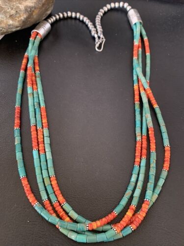 Navajo Green Royston Turquoise Spiny Necklace Sterling Silver 26" 10469