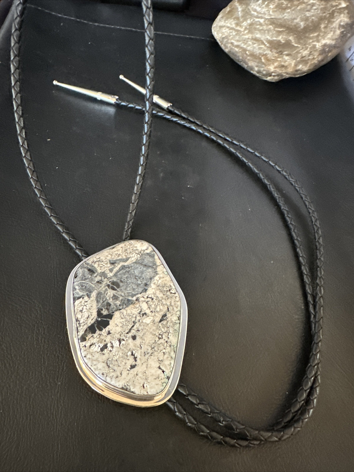 Mens BOLO TIE WHITE BUFFALO TURQUOISE Sterling Silver Navajo 3in 15004