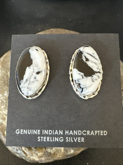 Women White Buffalo Turquoise Navajo Sterling Silver Post Earrings 19096