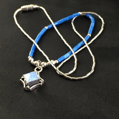 Girls Opal Pendant Lapis Beads Sterling Silver Necklace 15" 10124