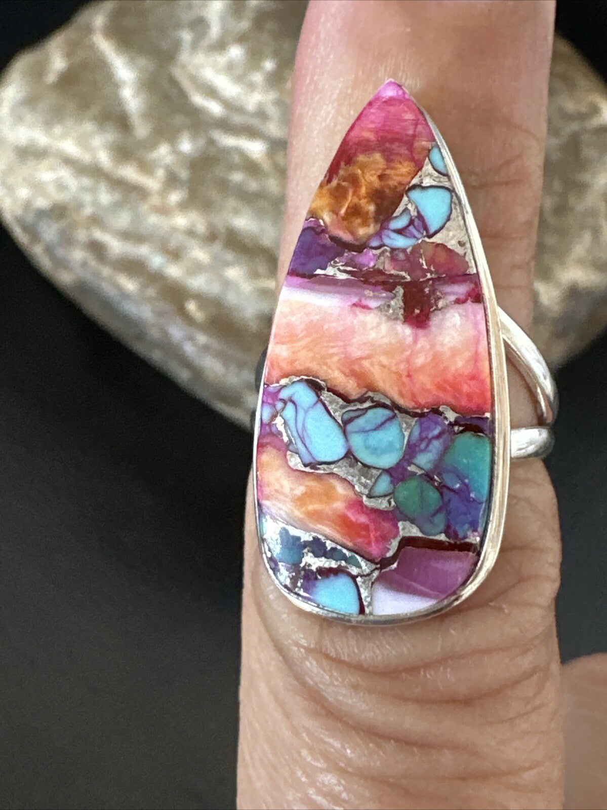 Blue Turquoise Orange Spiny Oyster Navajo Sterling Silver Ring Size 5.5 18210