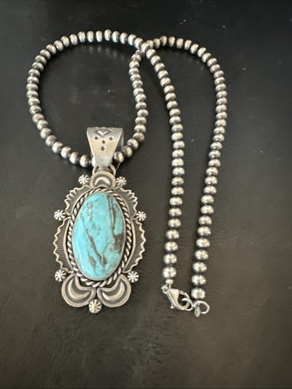 Mens Womens Blue Turquoise Pendant Sterling Silver Beads Sterling Necklace 18649