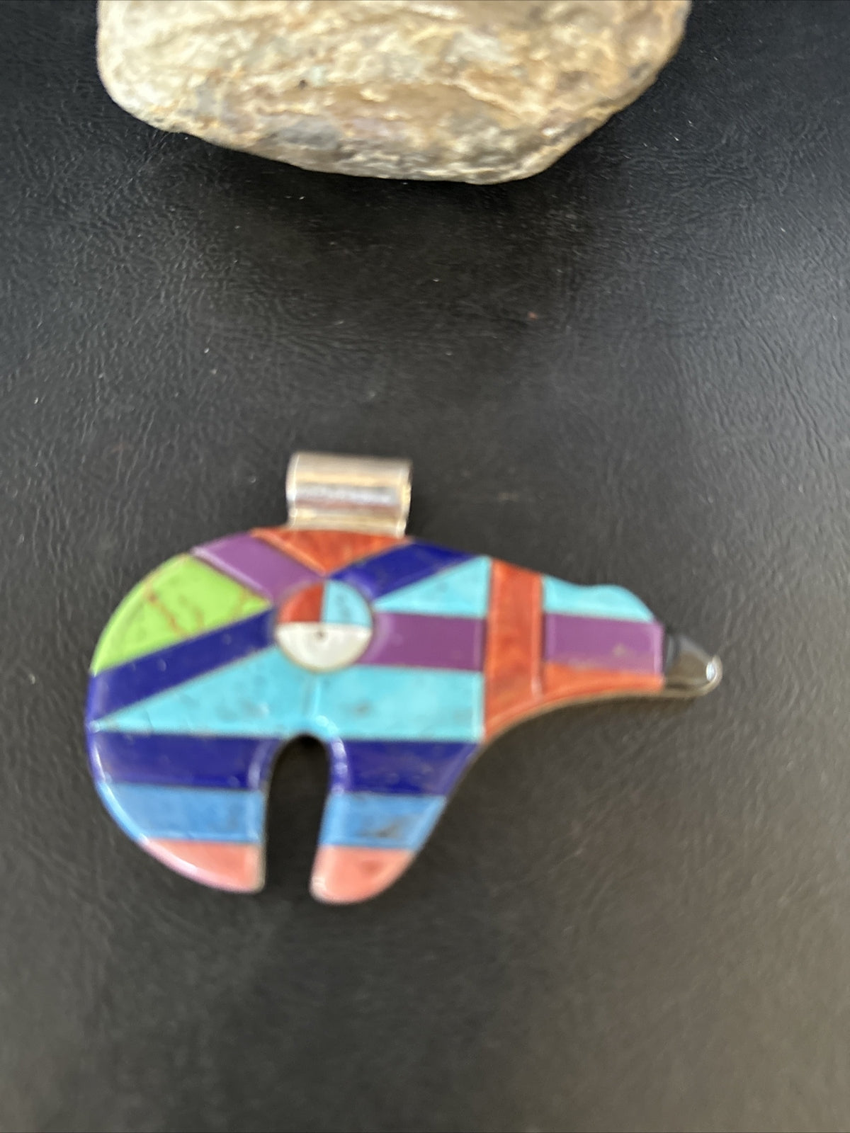BEAR Mens Womens Navajo Sterling Multi-Color Turquoise Inlay Pendant 14226
