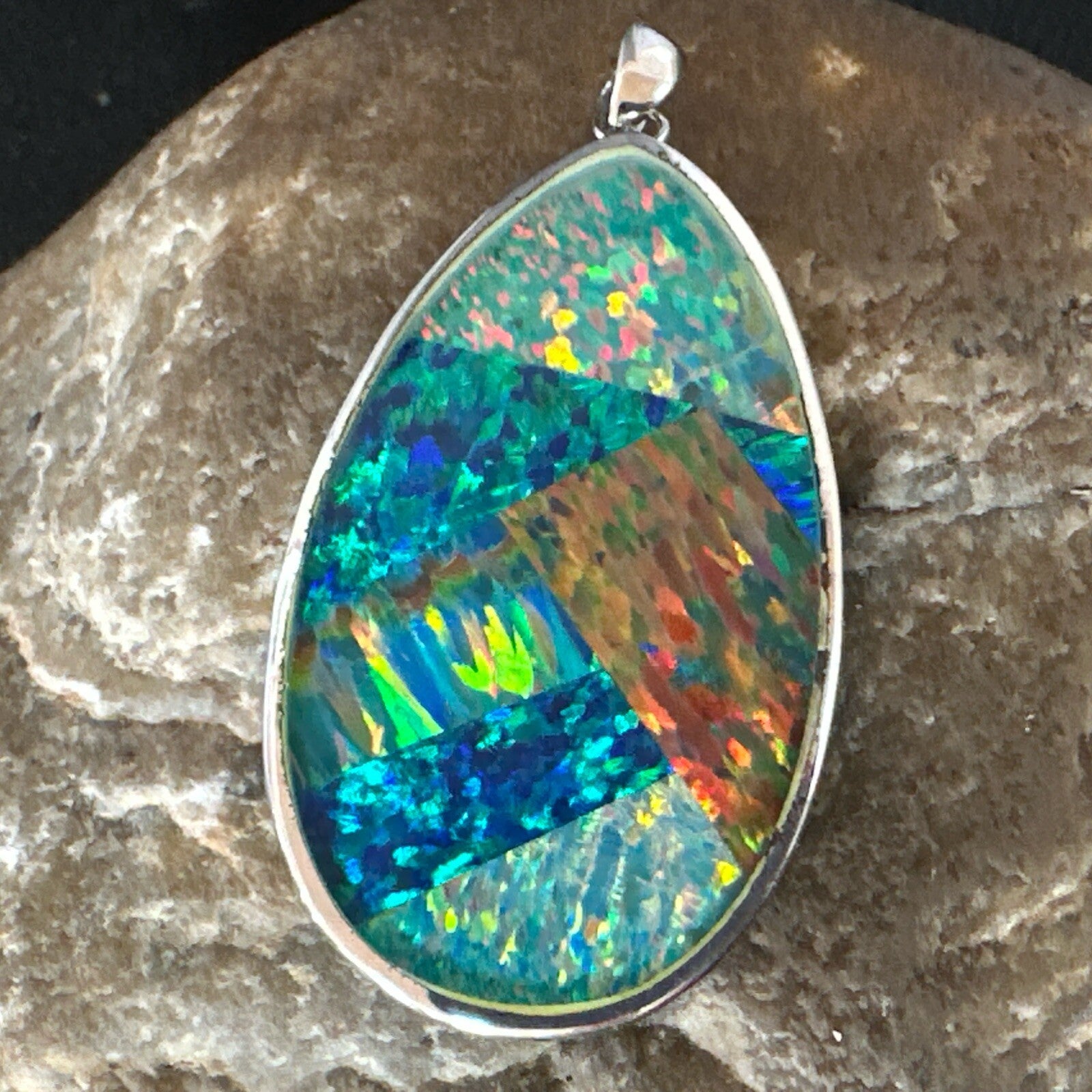 Mens Womens Multicolor Gilson Opal Navajo Sterling Silver Inlay Pendant 18609