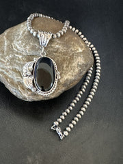 Men's Women's Black Onyx Pendant Navajo Beads Necklace | Sterling Silver | Authentic Native American Handmade | 18314