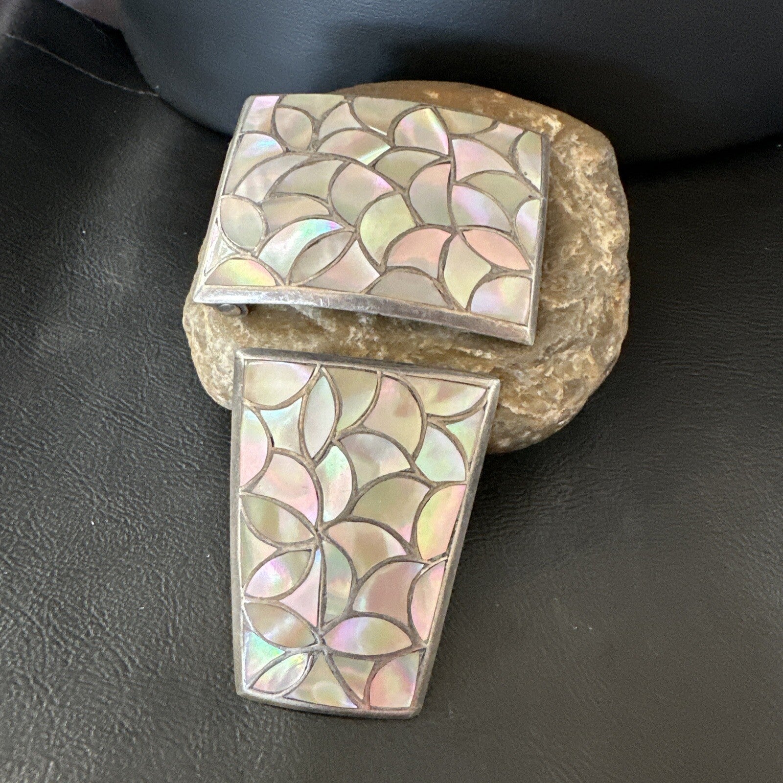 White Mother Of Pearl Zuni Sterling Silver Old Pawn Bolo Tie Belt Buckle 18140