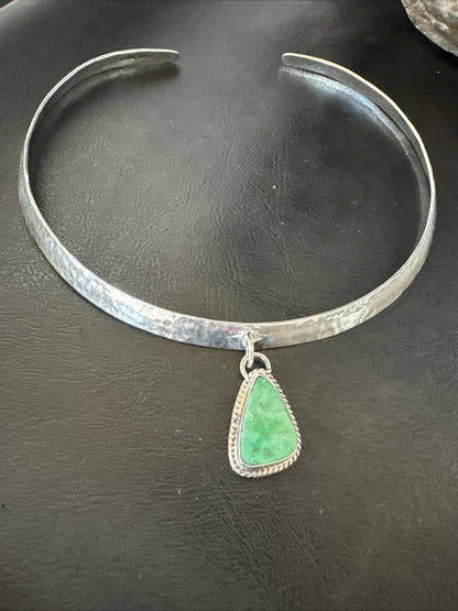 H Joe Navajo Sterling Silver Green Turquoise Collar Choker Necklace 15” 19437