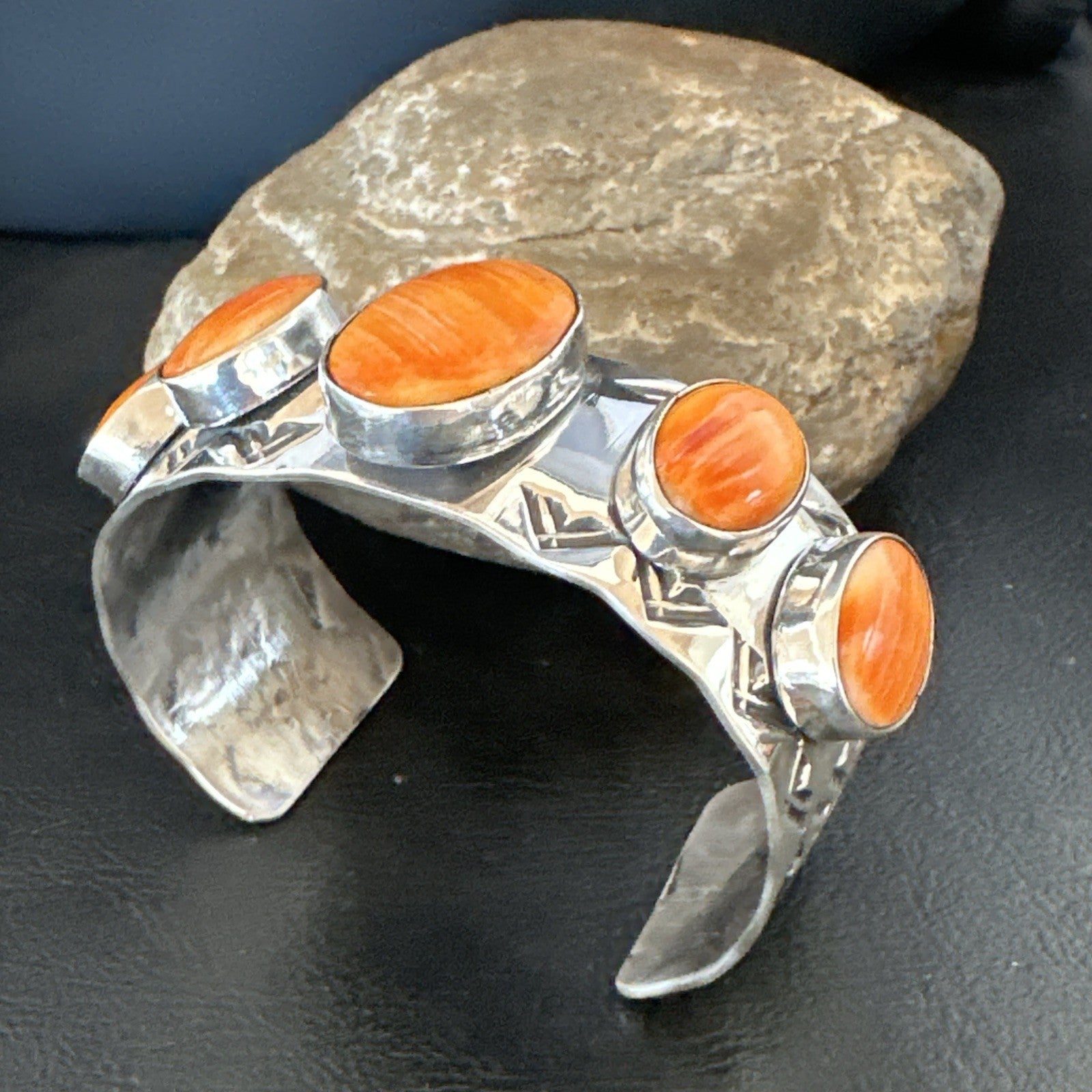 Orange Spiny Oyster 5 Stone Row Sterling Silver Navajo Cuff Bracelet 7.7" 19475