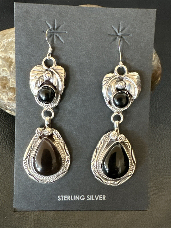 Black Onyx Navajo Dangle Earrings 1.5" | Sterling Silver | Authentic Native American Handmade | 18286