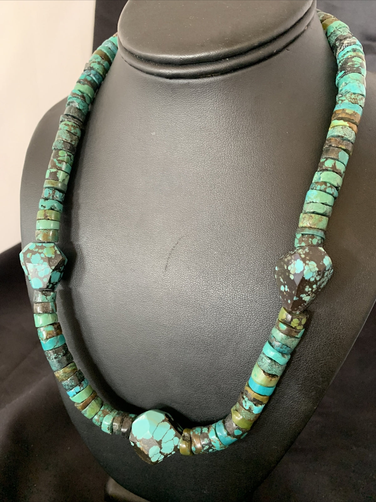 Men Chunky Spiderweb Turquoise Heishi Navajo Sterling Silver Necklace 21” 124506