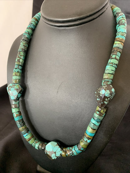 Men Chunky Spiderweb Turquoise Heishi Navajo Sterling Silver Necklace 21” 124506
