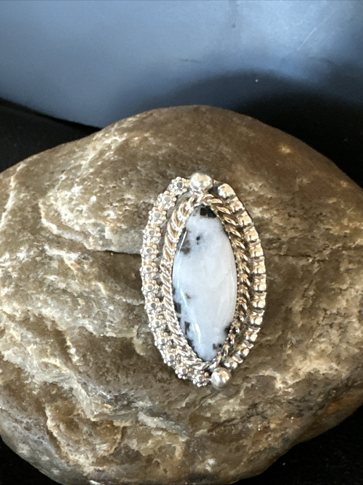 Black White Buffalo Turquoise Navajo Sterling Silver Ring Size 6.5 19804