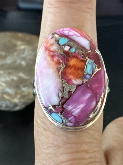 Blue Turquoise Purple Spiny Oyster Navajo Sterling Silver Ring Size 10 18203