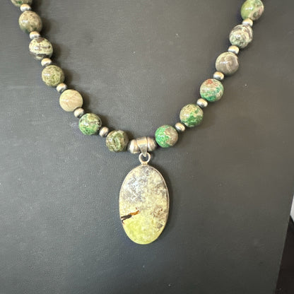 Green Gaspeite Pendant 10mm Turquoise Navajo Sterling Silver Necklace 20" 19679