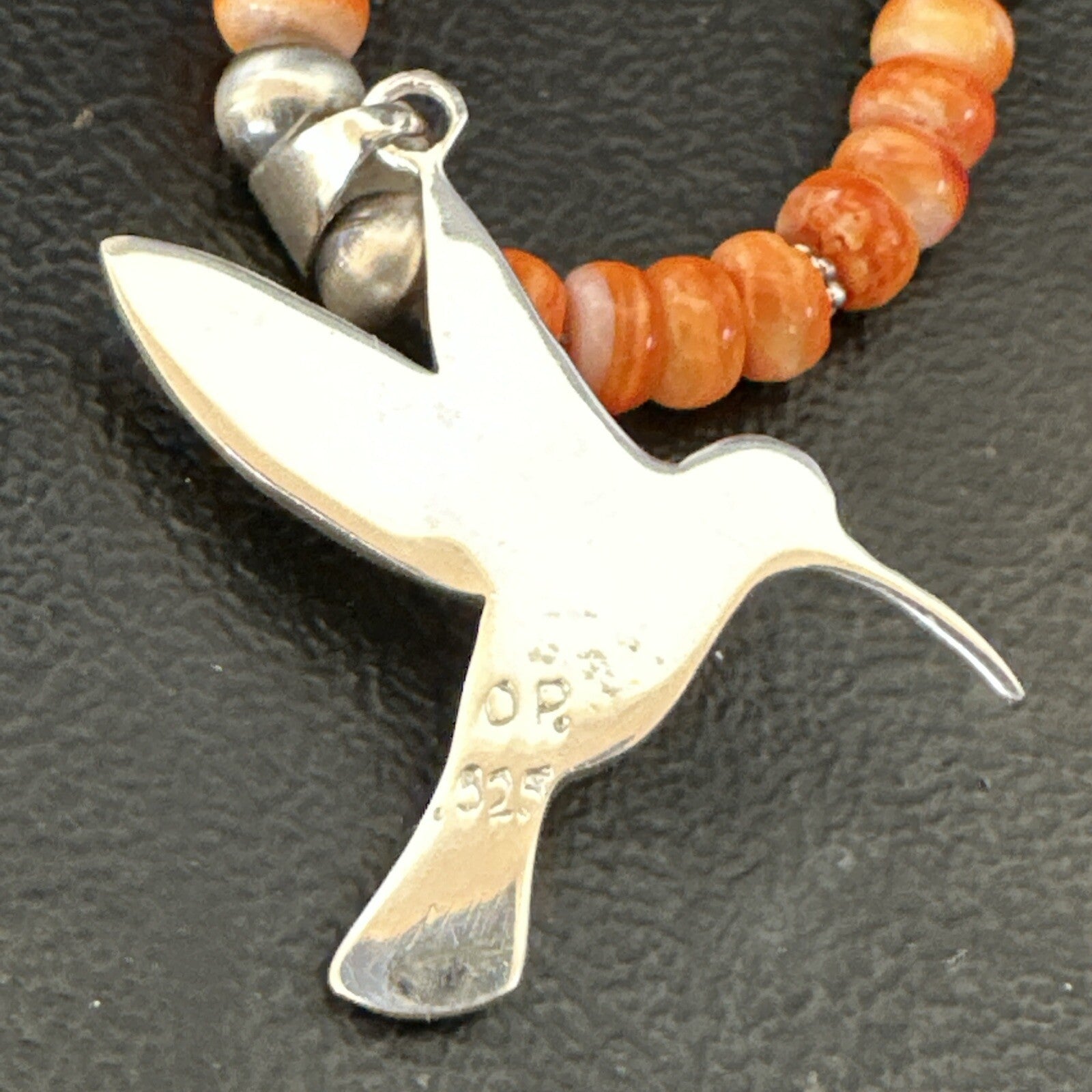 HummingBird Orange Spiny Oyster Opal Sterling Silver Necklace Pendant 18675