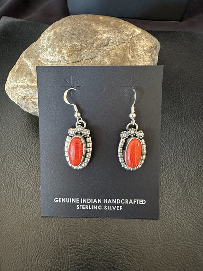 Handmade Red Coral Sterling Silver Navajo Dangle Earrings Yazzie 19534