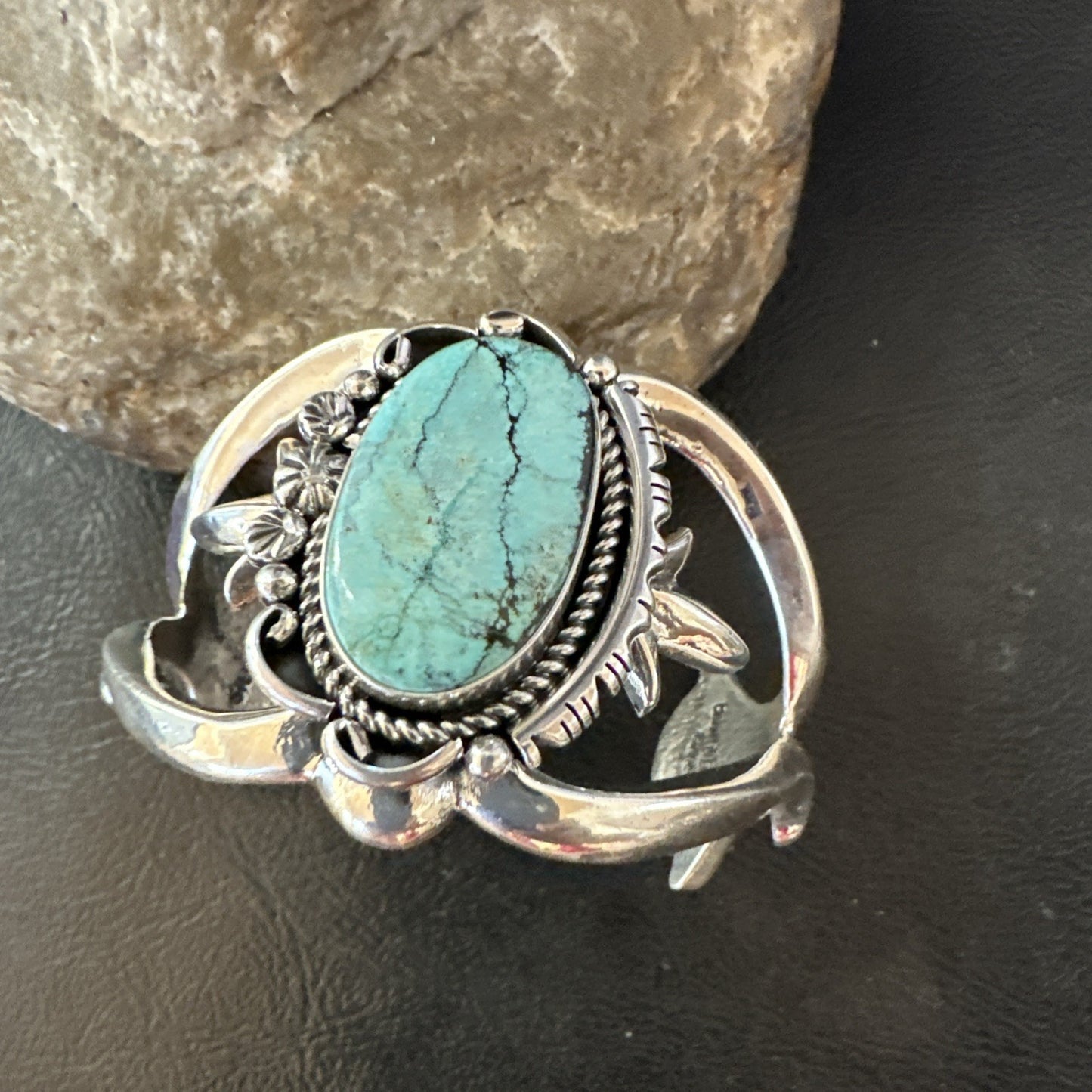 Yazzie Kingman Turquoise Navajo Sterling Silver Tufa Cast Cuff Bracelet 19690