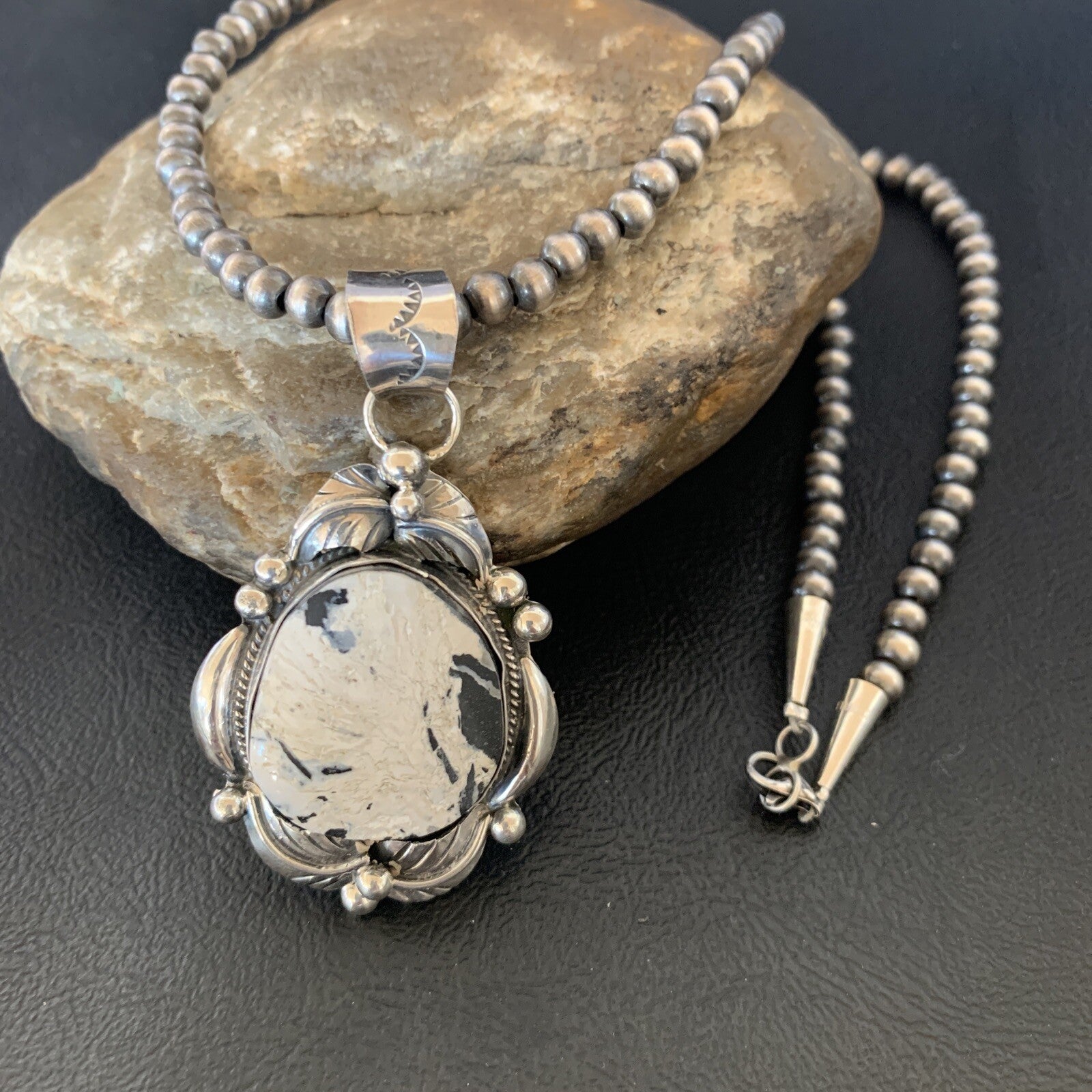 Men White Buffalo Turquoise Pendant Sterling Silver Beads Necklace 12670N