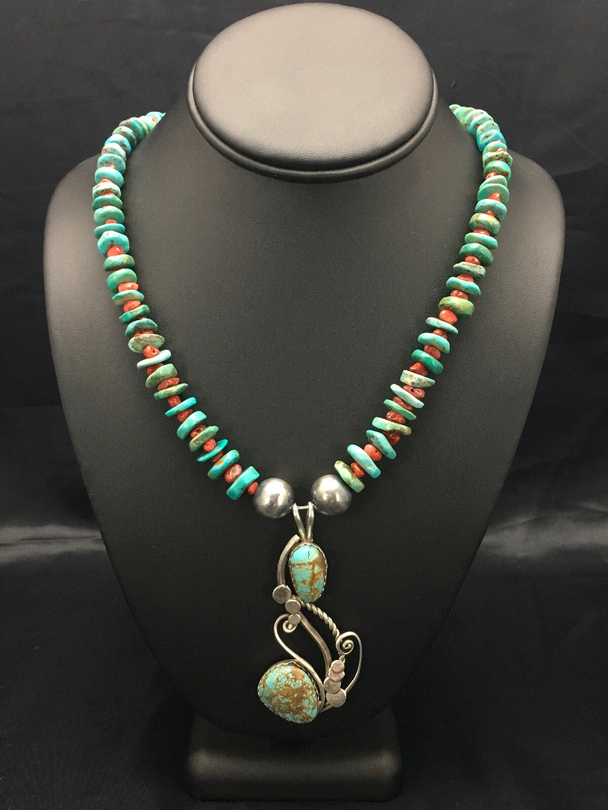 Turquoise #8 & Spiny Oyster Pendant Navajo Sterling Silver Necklace 22" 02635