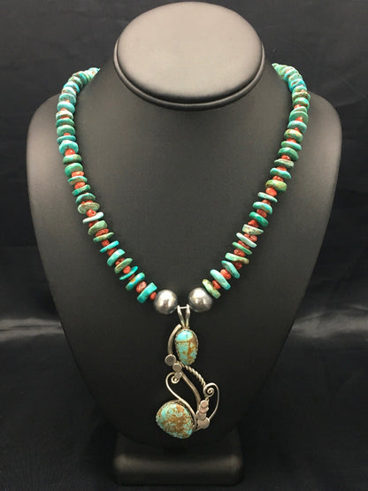 Turquoise #8 & Spiny Oyster Pendant Navajo Sterling Silver Necklace 22" 02635