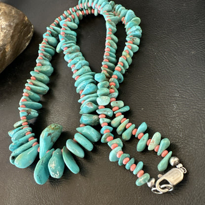 Mens Women Navajo Blue Turquoise Pink Coral Necklace Sterling Silver 28” 19746