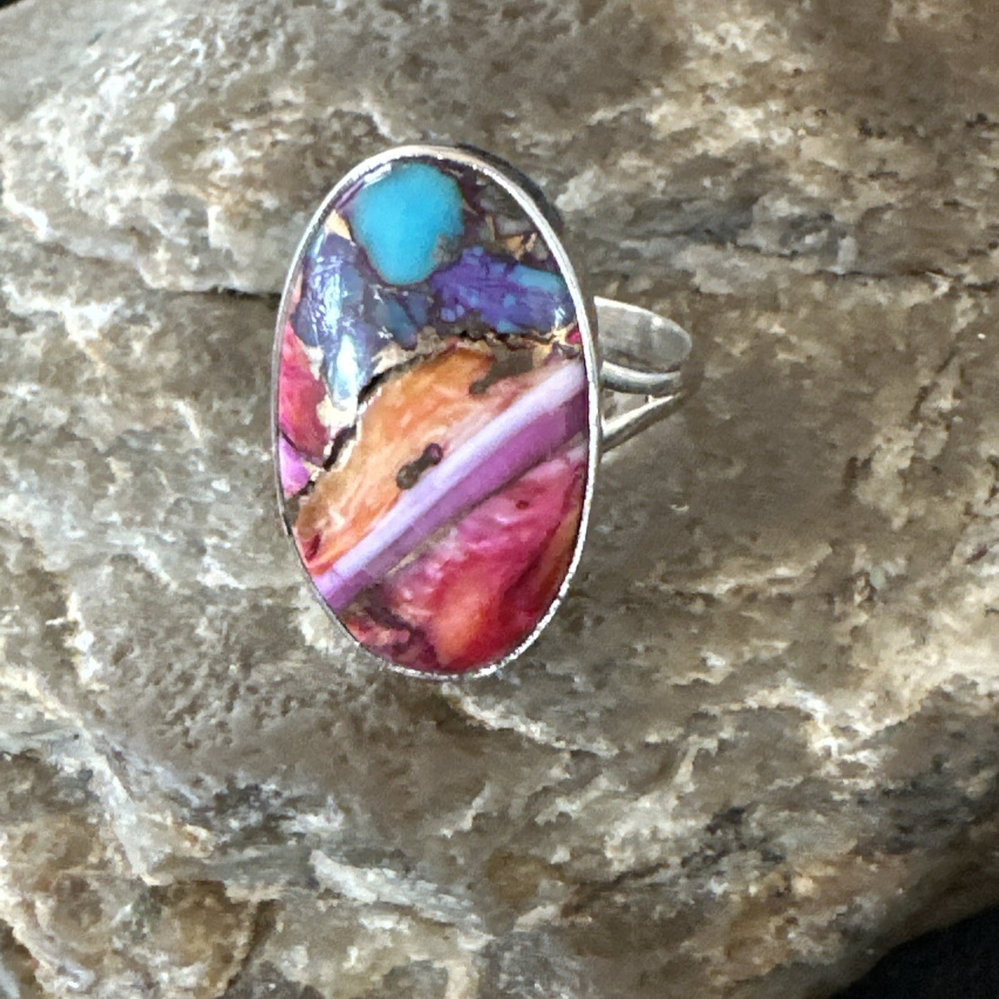 Blue Turquoise Spiny Oyster Southwestern Sterling Silver Ring Size 8 18479