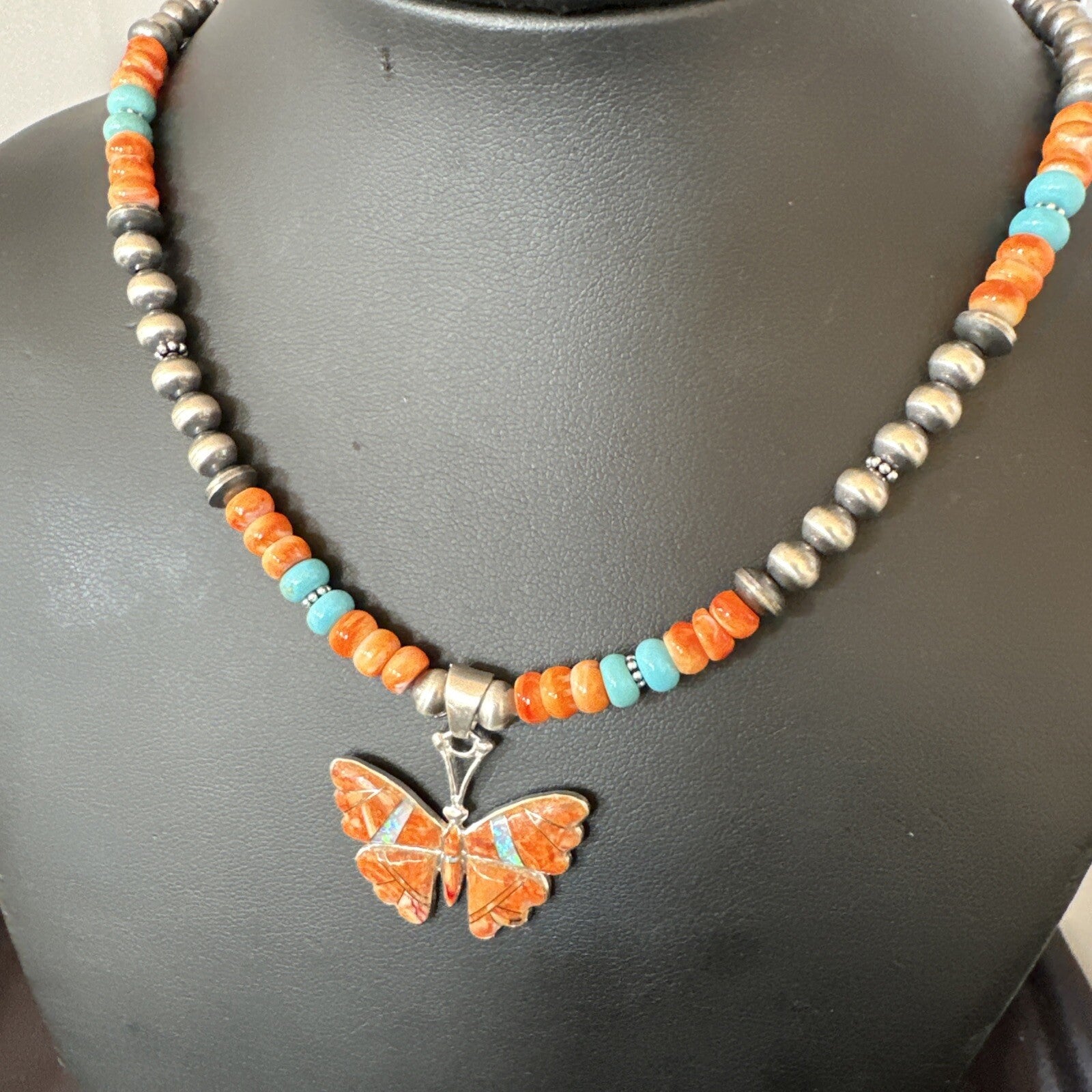 Butterfly Orange Spiny Turquoise Opal Sterling Silver  Necklace Pendant 18677