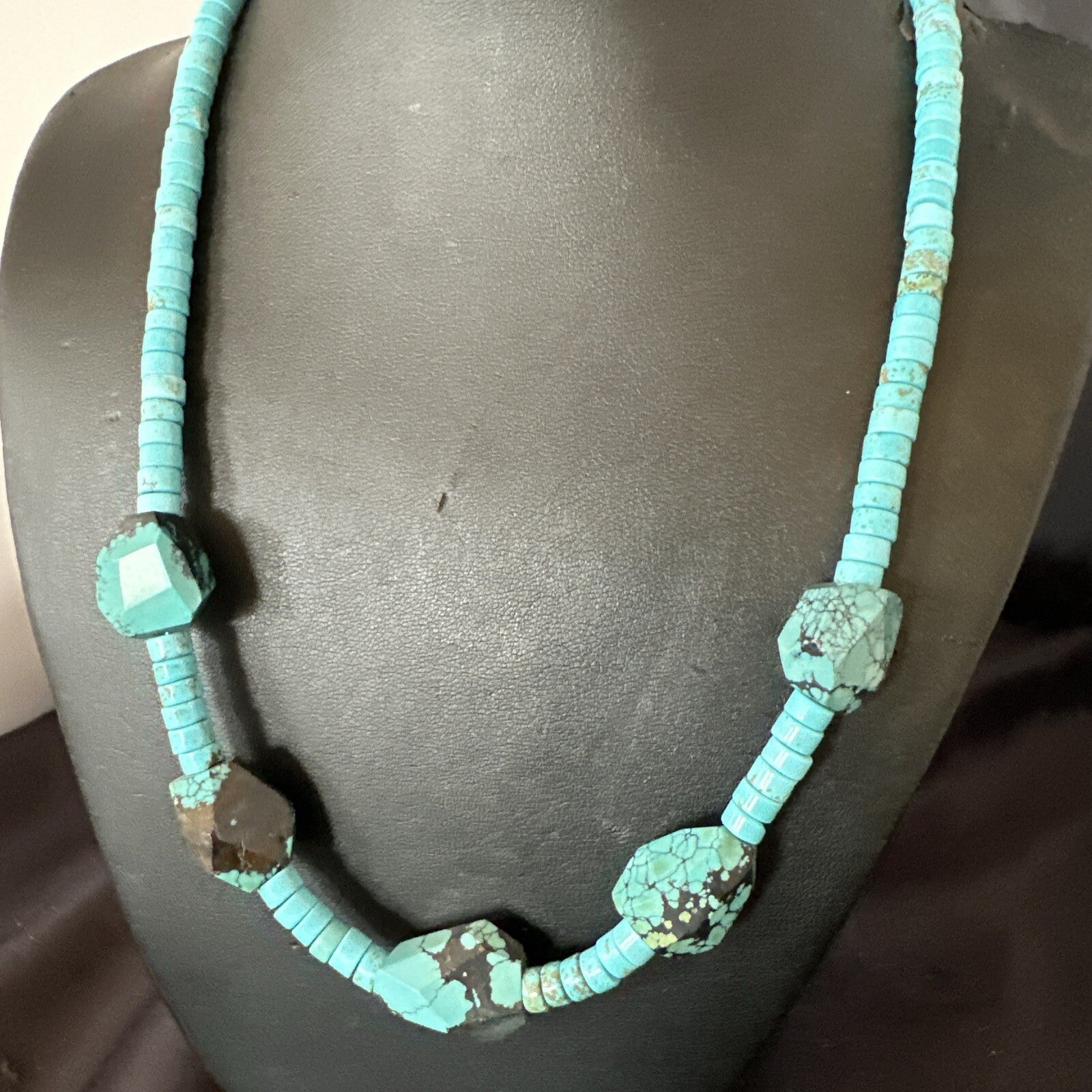 Native Turquoise Nugget Heishi Bead Navajo Sterling Silver Necklace 17807