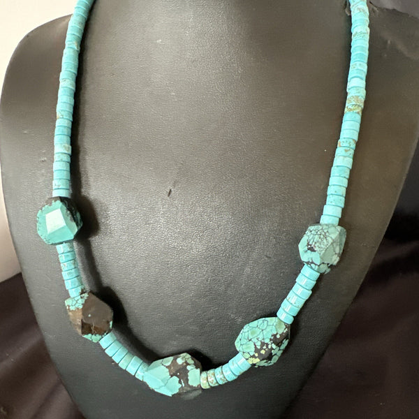 Turquoise Nugget Heishi Bead Navajo Necklace | Sterling Silver | Authentic Native American Handmade | 17807