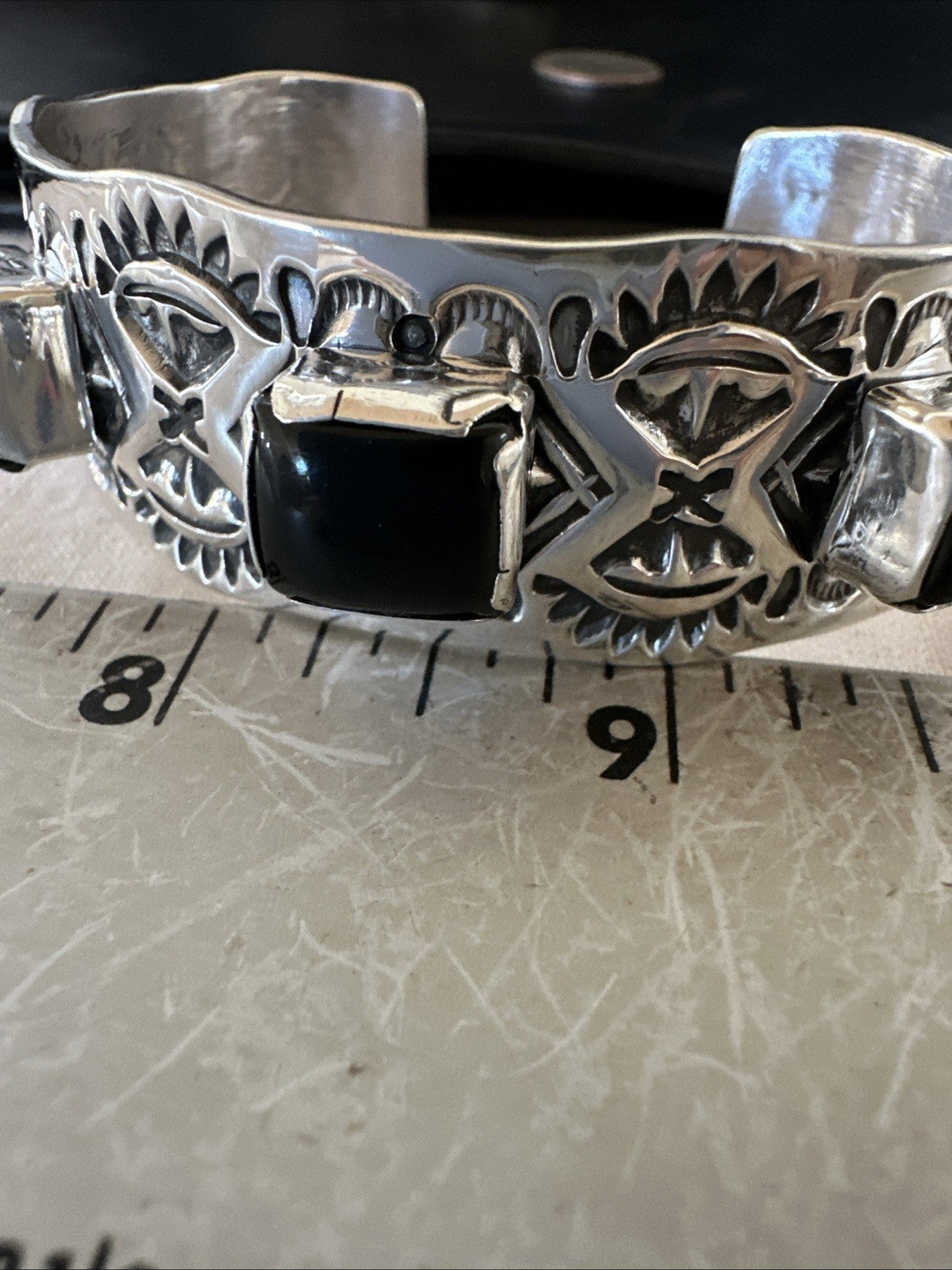 Mens Womens Navajo Sterling Silver Black Onyx Cluster Cuff Bracelet 7.5" 19432