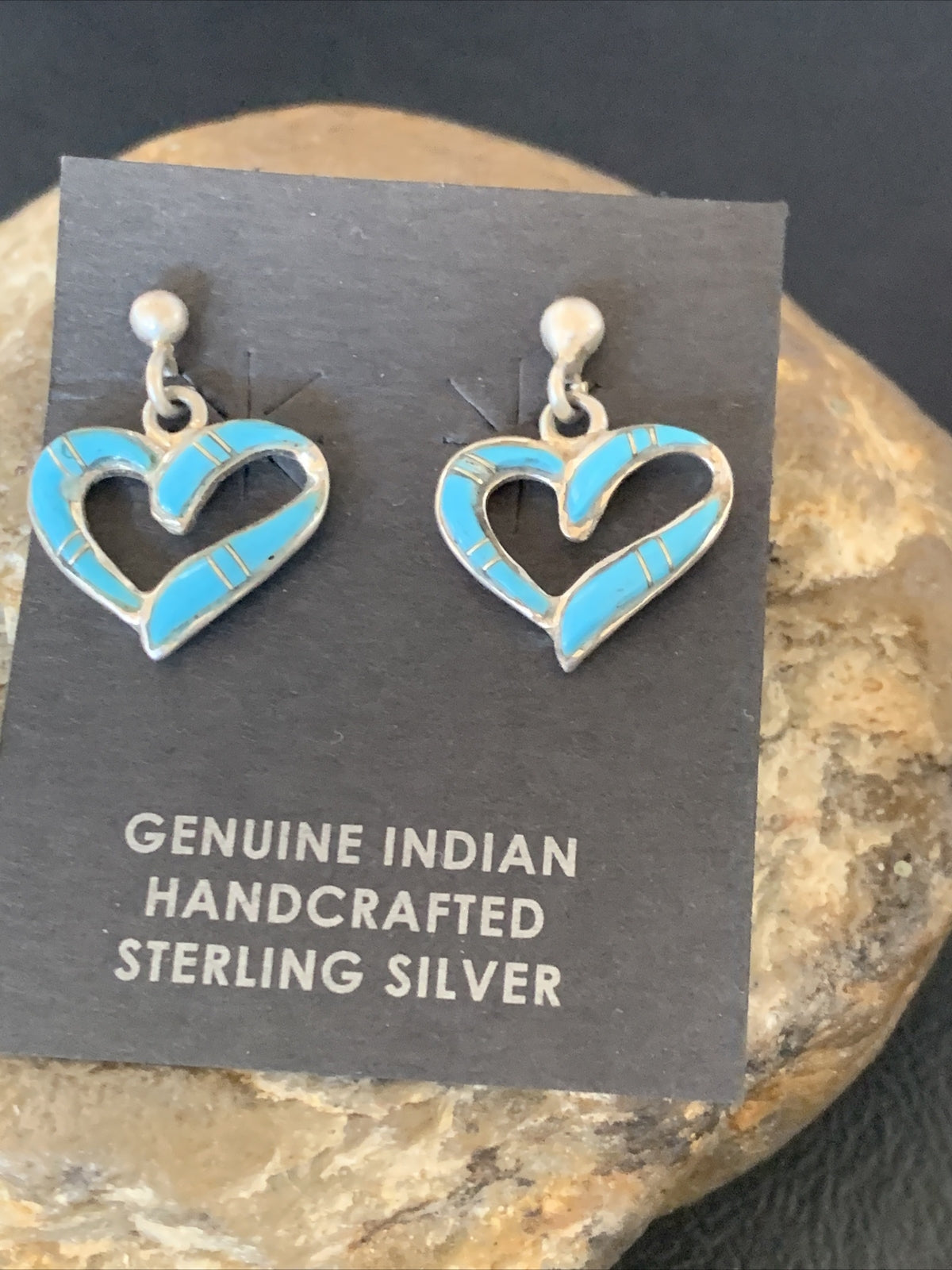 Navajo Blue Turquoise Heart Sterling Silver Dangle Post Earrings 0.5" 12716