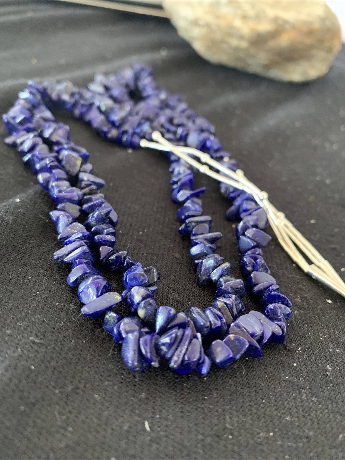 Blue Lapis Bead Liquid Heishi 2 Strands Sterling Silver Tubes Necklace 00853