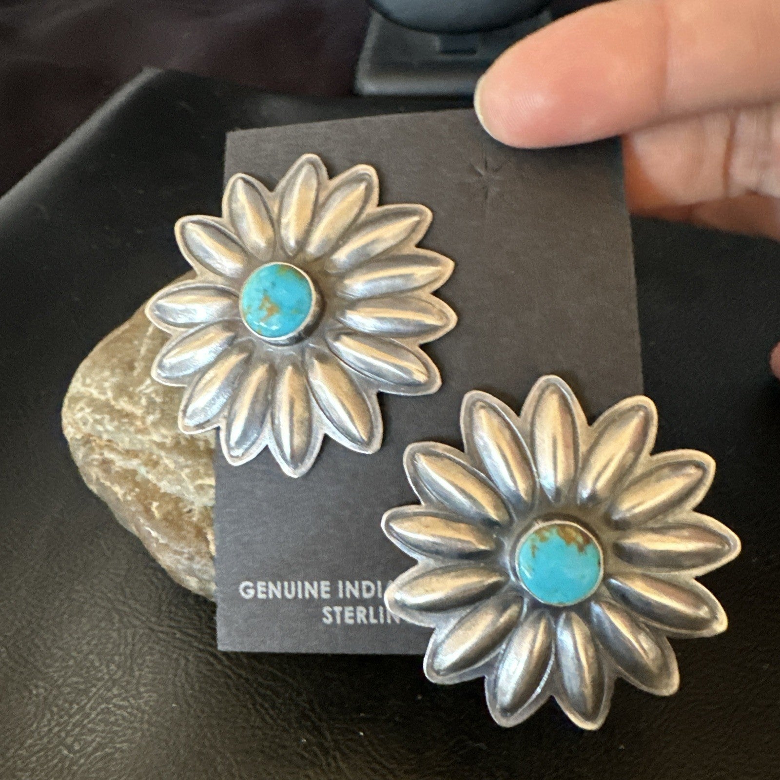 Navajo Blue Turquoise Sterling Silver Stamped Flower Earrings 19083