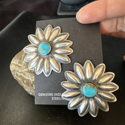 Navajo Blue Turquoise Sterling Silver Stamped Flower Earrings 19083