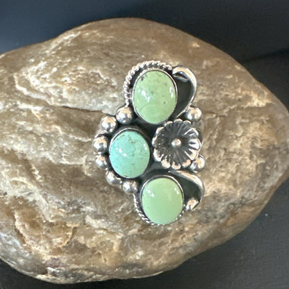 Yazzie Ring Green Turquoise Navajo Sterling Silver Cluster Size 9 19210