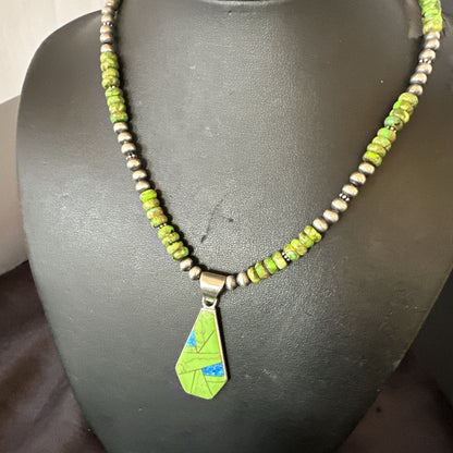 Green Gaspeite & Turquoise Pendant Navajo Pearls Sterling Silver Necklace 18179