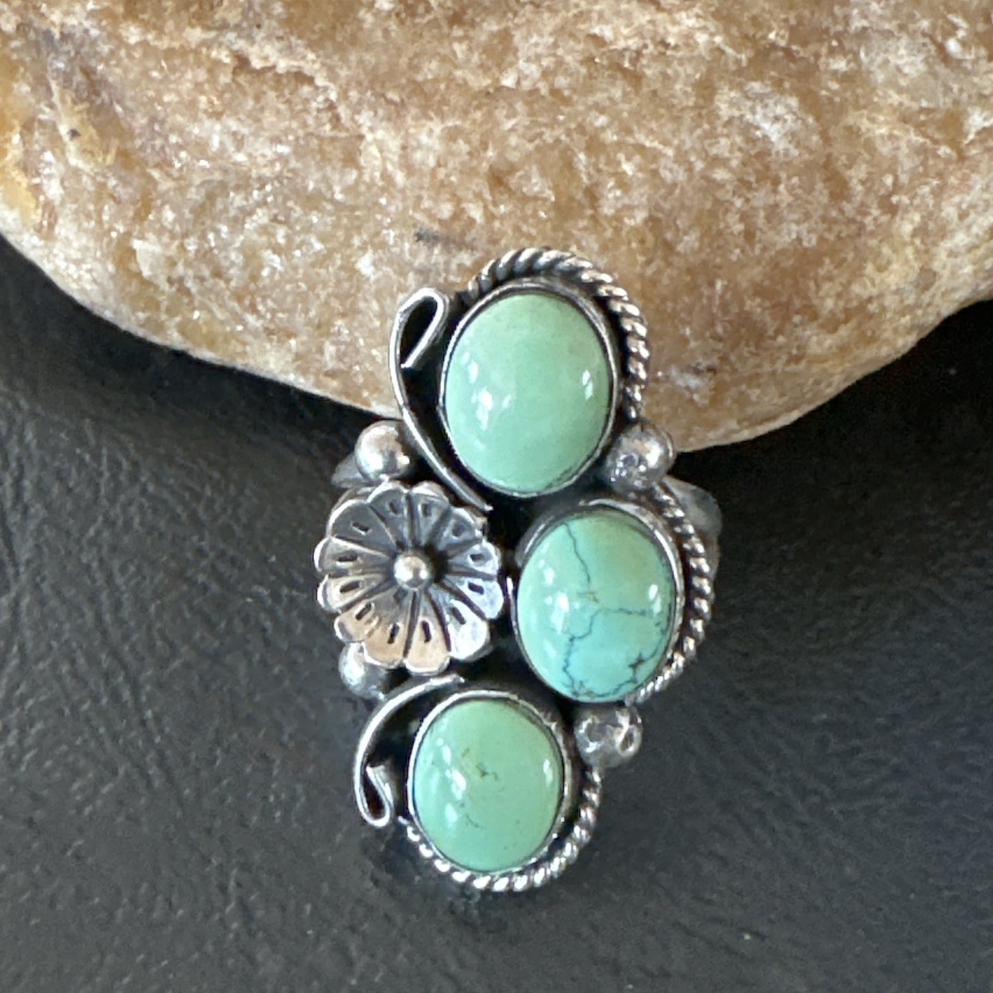 Yazzie Ring Green Turquoise Navajo Sterling Silver Cluster Size 9 19216
