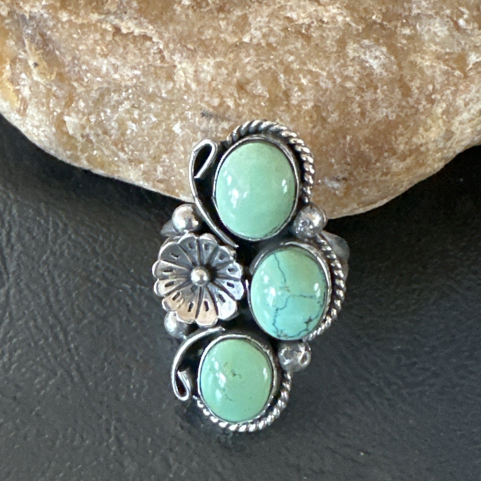 Yazzie Ring Green Turquoise Navajo Sterling Silver Cluster Size 9 19216
