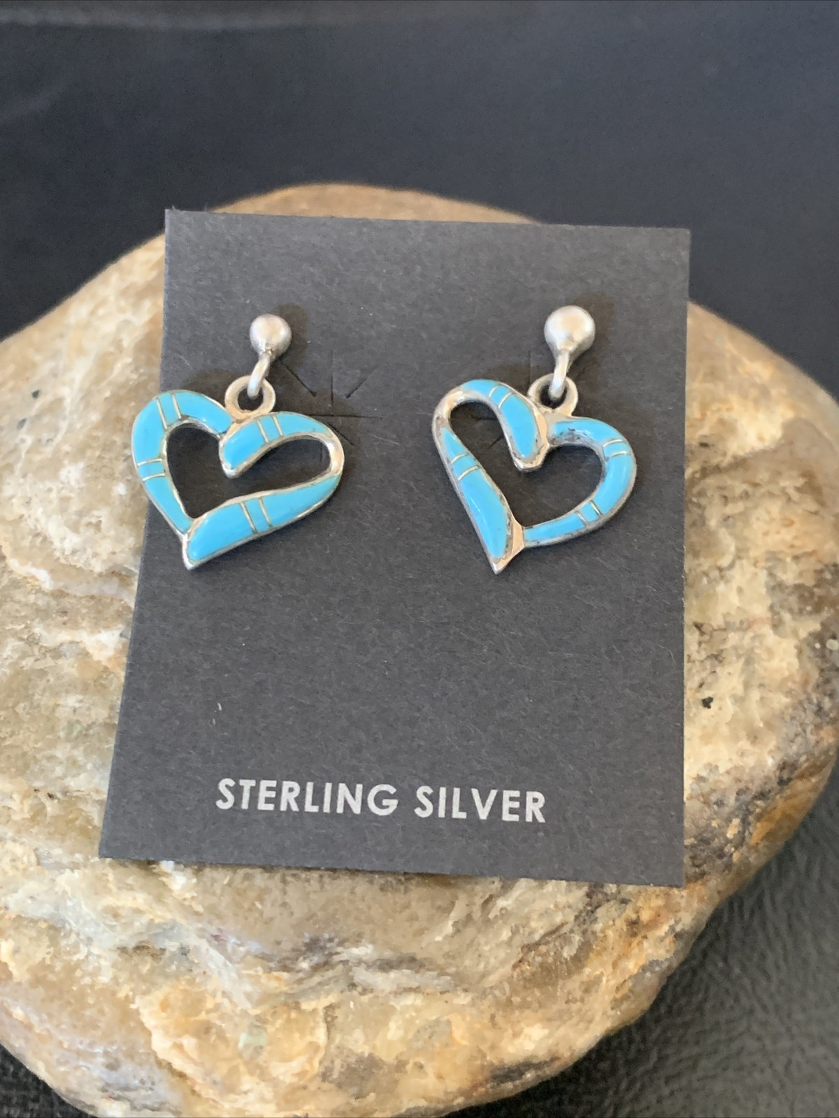 Blue Turquoise Heart Navajo Sterling Silver Dangle Post Earrings 0.5" 12714