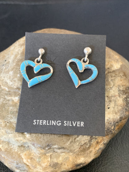 Blue Turquoise Heart Navajo Sterling Silver Dangle Post Earrings 0.5" 12714