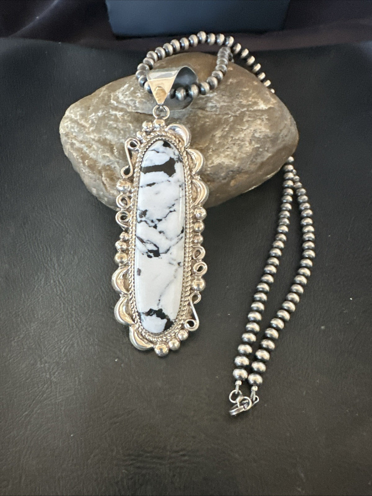 XXL White Buffalo Turquoise Pendant Navajo Sterling Silver Necklace 4" 19759