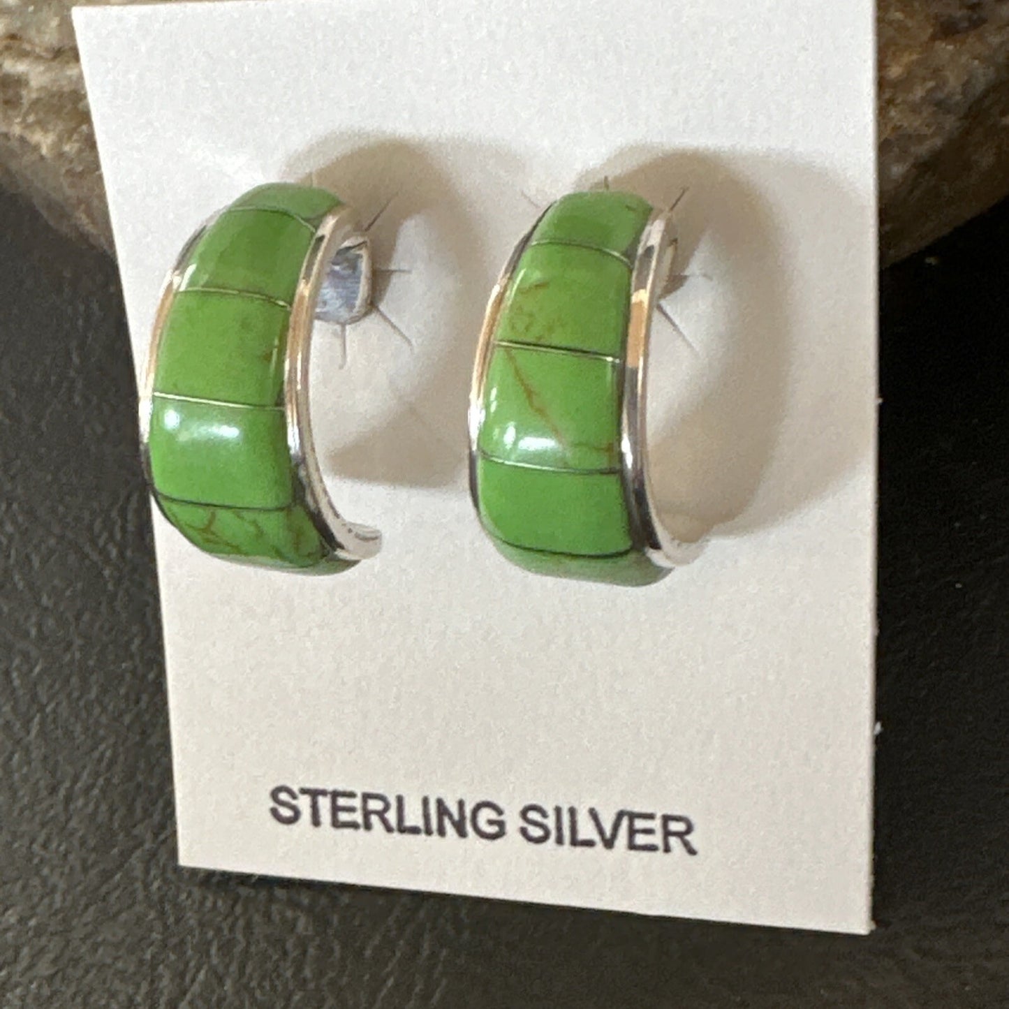 Southwestern Sterling Silver Green Gaspiete Inlay Earrings 1” 16741