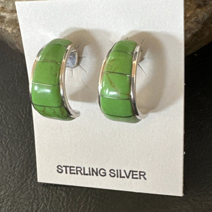 Southwestern Sterling Silver Green Gaspiete Inlay Earrings 1” 16741