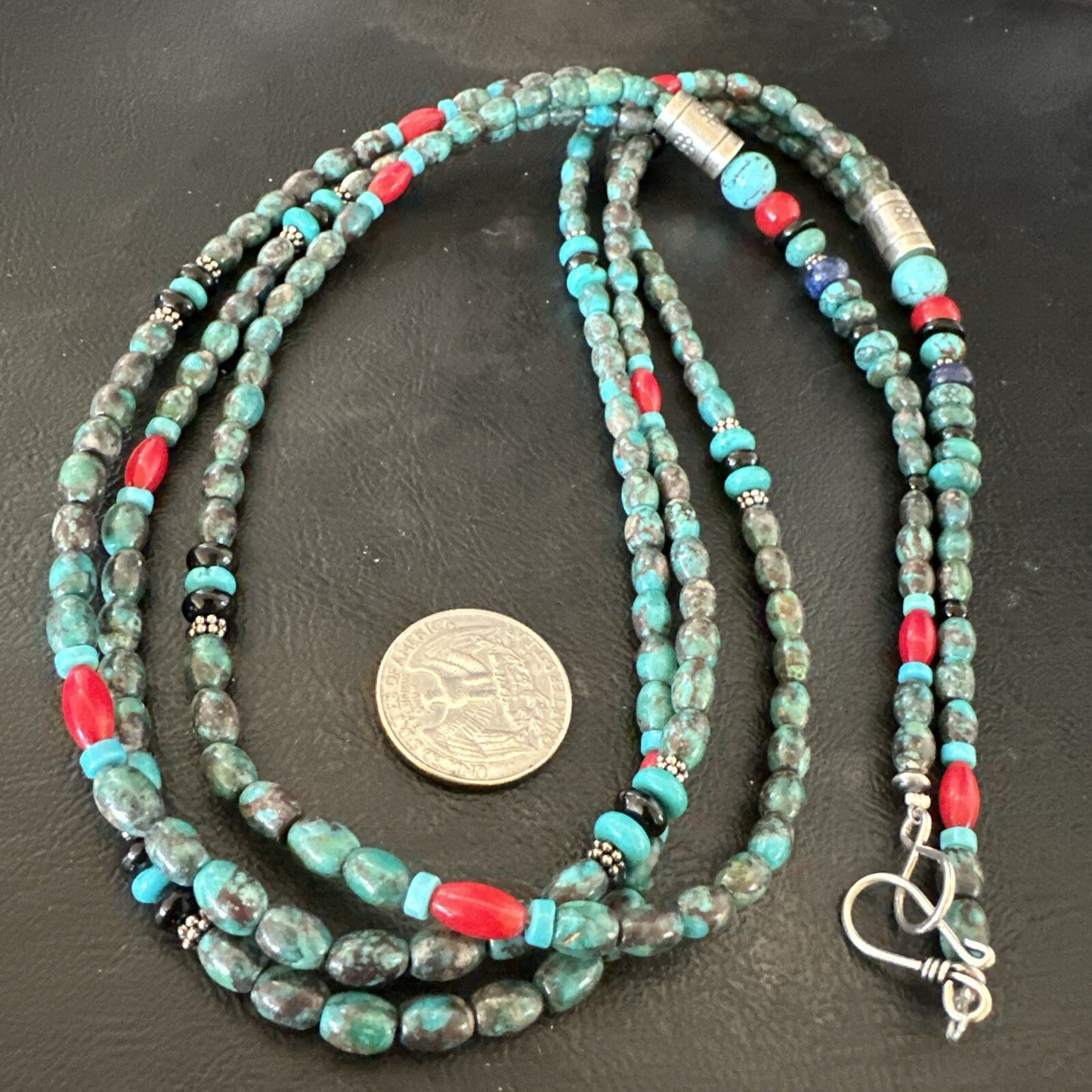 Mens Blue Spiderweb Turquoise Tube 3S Navajo Sterling Silver Necklace 30” 17886