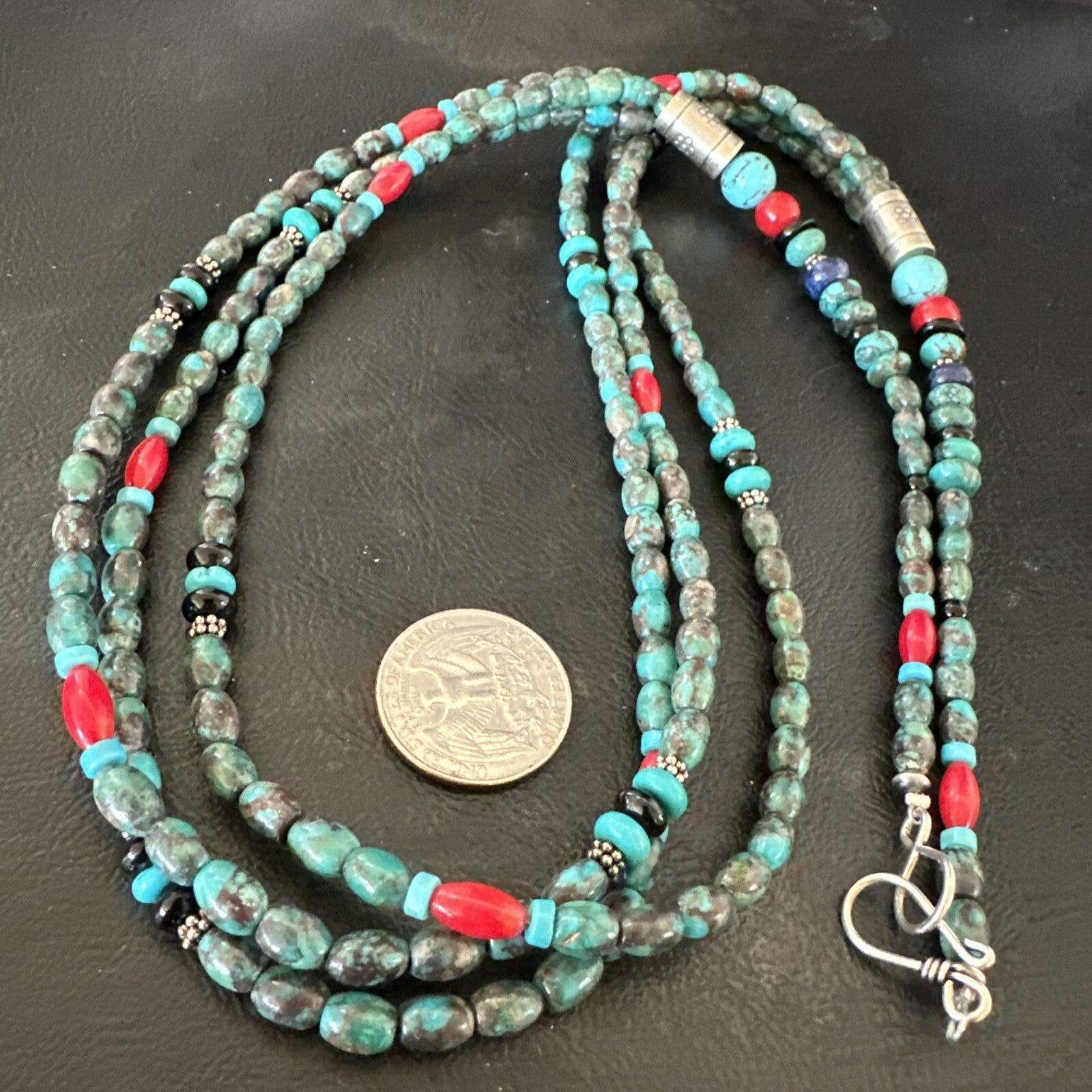 Mens Blue Spiderweb Turquoise Tube 3S Navajo Sterling Silver Necklace 30” 17886